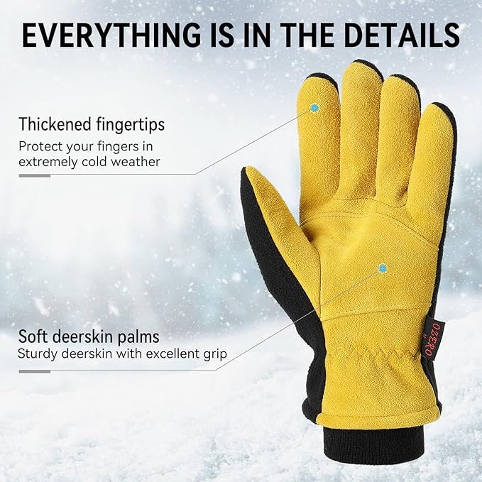 OZERO Winter Gloves, Windproof Thermal Suede Leather Gloves, for Men and Women