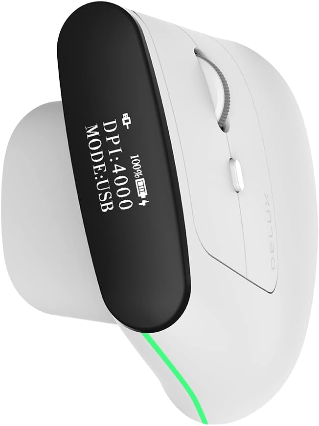 Deluxe Ergonomic Mouse, Wireless Vertical Mouse with OLED Power Display, USB Receiver and BT5.0, 4000DPI, 6 Buttons, Ergo Carpal Tunnel Mice Reduce Wrist and Hand Pain, for Windows/Mac (MV6-White)