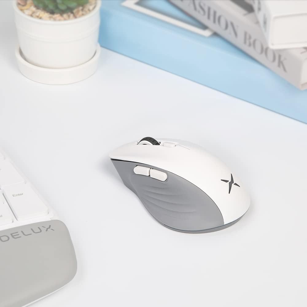 DeLUX Full-Size Wireless Ergonomic Mouse for Medium and Large Hands with Thumb Rest, Bluetooth and USB Receiver, Ergo Computer Mice with RGB, 16K DPI, USB-C, 6 Programmable Buttons (M729DB-White)