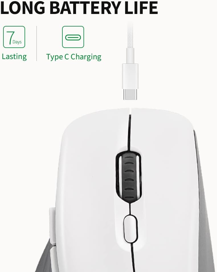 DeLUX Full-Size Wireless Ergonomic Mouse for Medium and Large Hands with Thumb Rest, Bluetooth and USB Receiver, Ergo Computer Mice with RGB, 16K DPI, USB-C, 6 Programmable Buttons (M729DB-White)