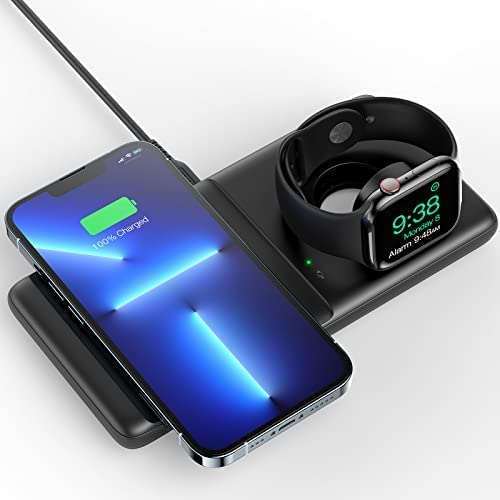 SAFUEL 2 IN 1 Wireless Charger Pad, 15W Fast Wireless Phone Watch Charge Station Earbuds Wireless Charging for iPhone 14 13 12 11 Pro Max Mini Samsung Google iWatch AirPods (No iWatch Cable Charger)