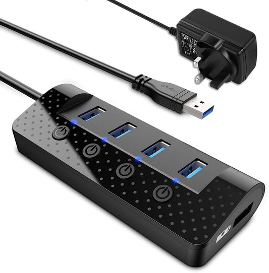 Atolla Powered USB Hub 3.0, USB Hub with 4 USB 3.0 Data Ports and 1 USB Smart Charging Port, USB Splitter with Individual Power Switches and 5V/3A Power Adapter