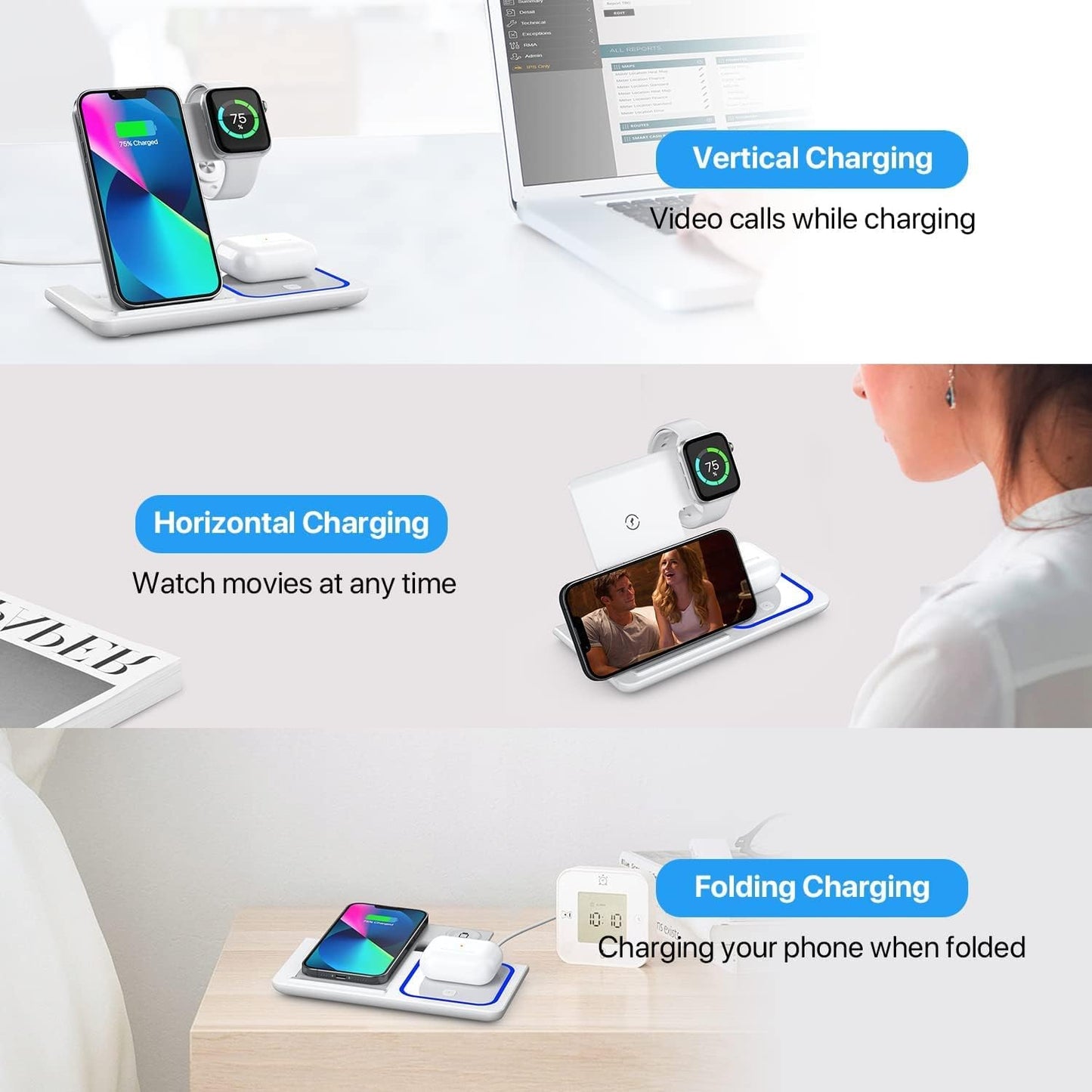 Charging Station for Apple Devices, Apple Watch Charger, iPhone and Watch Charger Stand for iPhone 14/13/12/11/Pro/X/Max/XS/XR/8/Plus, Apple Watch7/6/5/4/3/2/SE, Airpods 3/2/Pro(White) (Pink) (Blue)(Purlple)