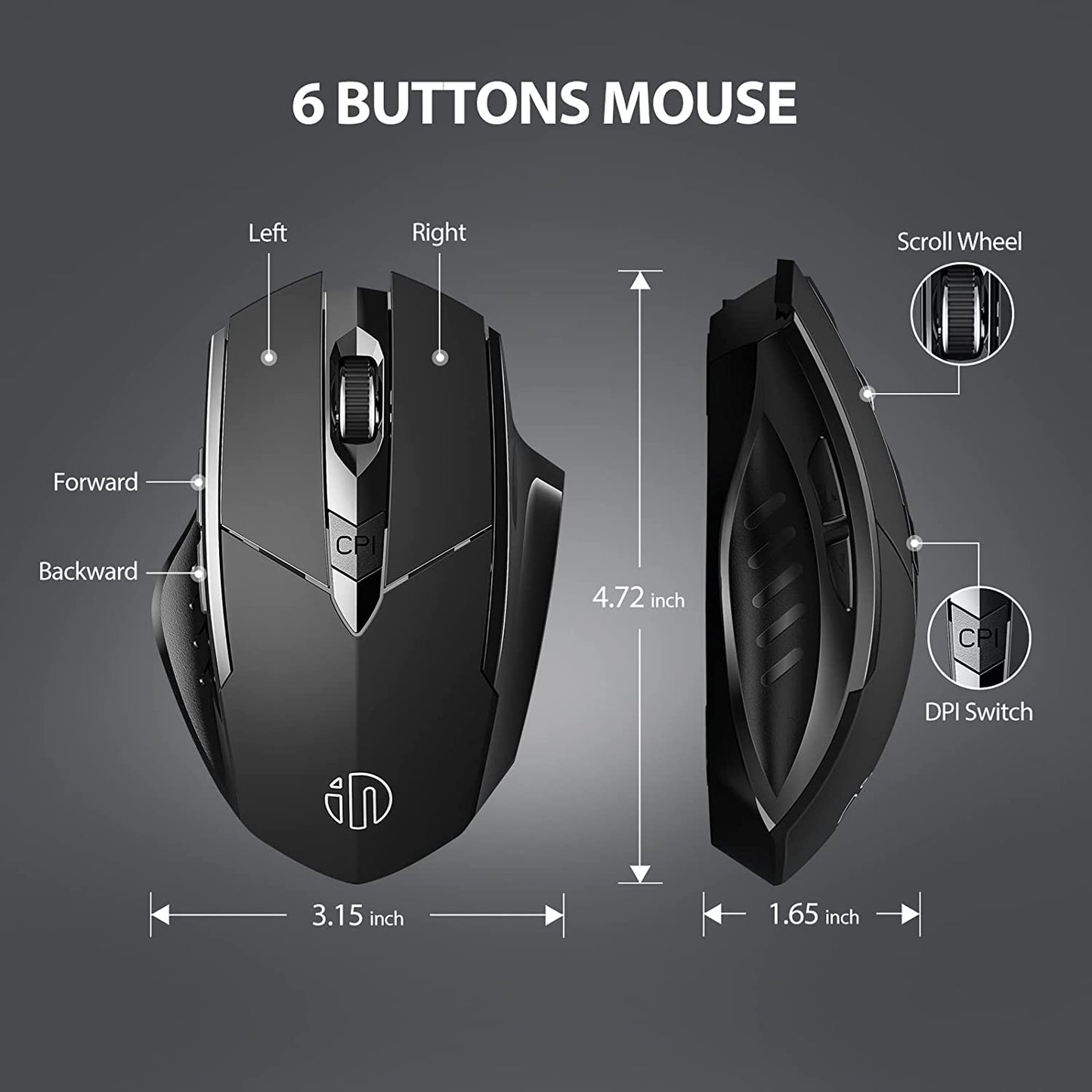 INPHIC Wireless Mouse Rechargeable, Ergonomic Silent Click USB 2.4G Cordless Mouse for Laptop PC Computer Tablets Windows Linux, 6 Buttons, 1600DPI 3 Adjustment Levels, Black