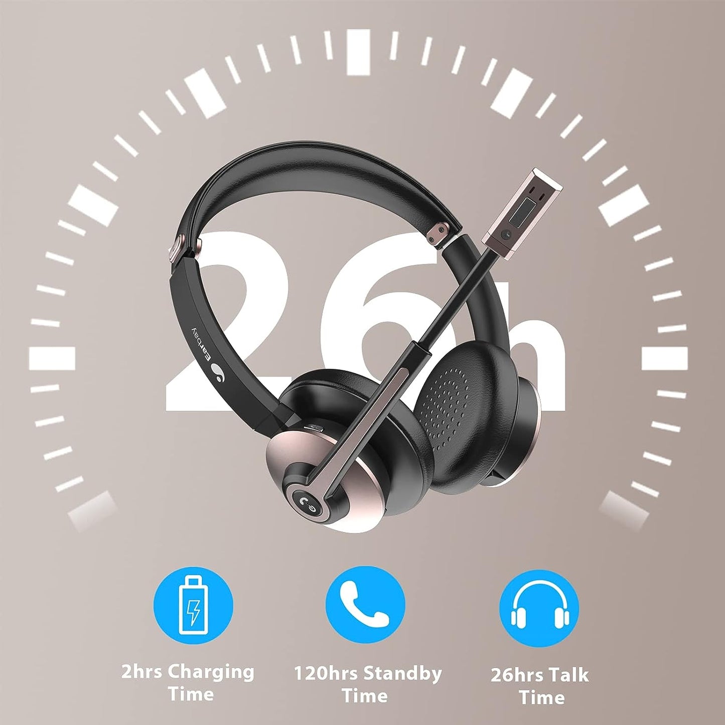 Bluetooth Headset, Wireless Headset with Microphone Noise Cancelling, On Ear Headphone with USB Dongle & Mute Button, 26hrs talk time for PC/Office/Zoom/Skype Black Silver