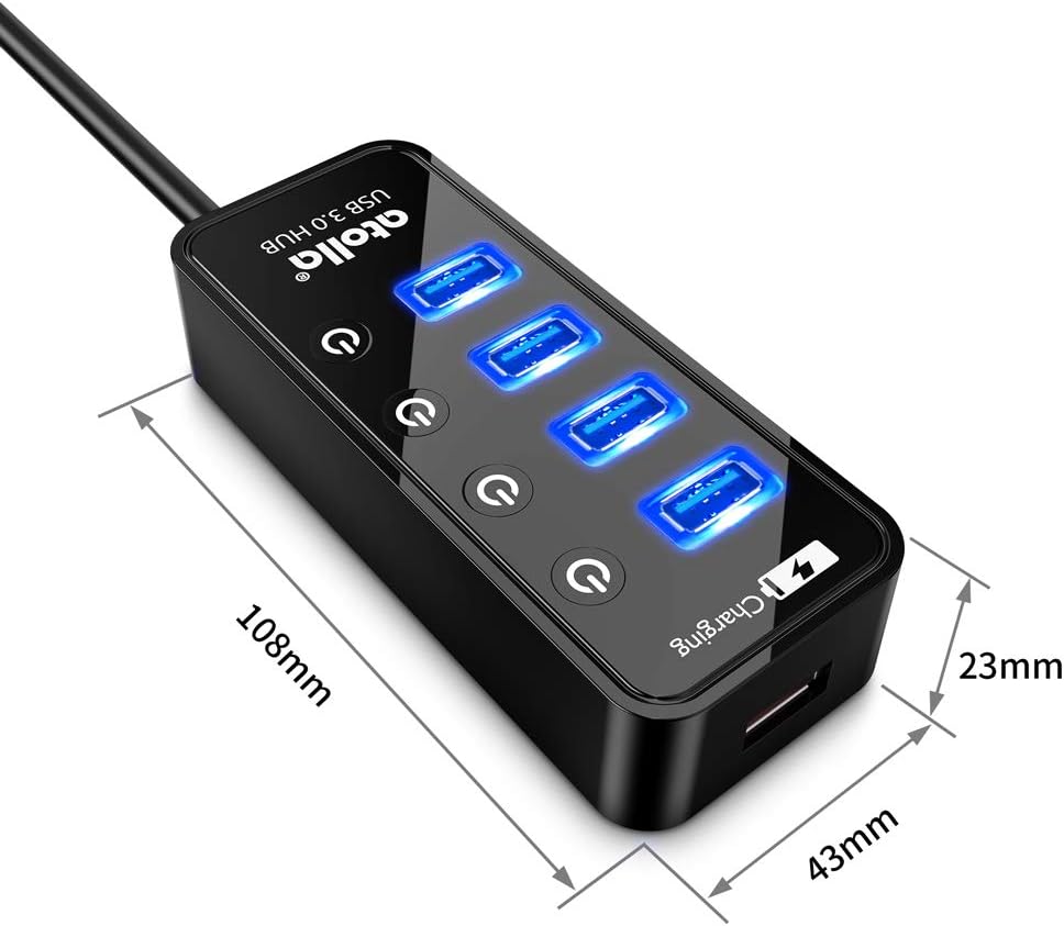 Atolla 4 ports USB 3.0 Hub SuperSpeed Data Transmission with On Off Switch + 1 Charging Port with 15W(5V/3A) Powered Supply Adapter and 1M USB 3 Extension Cable