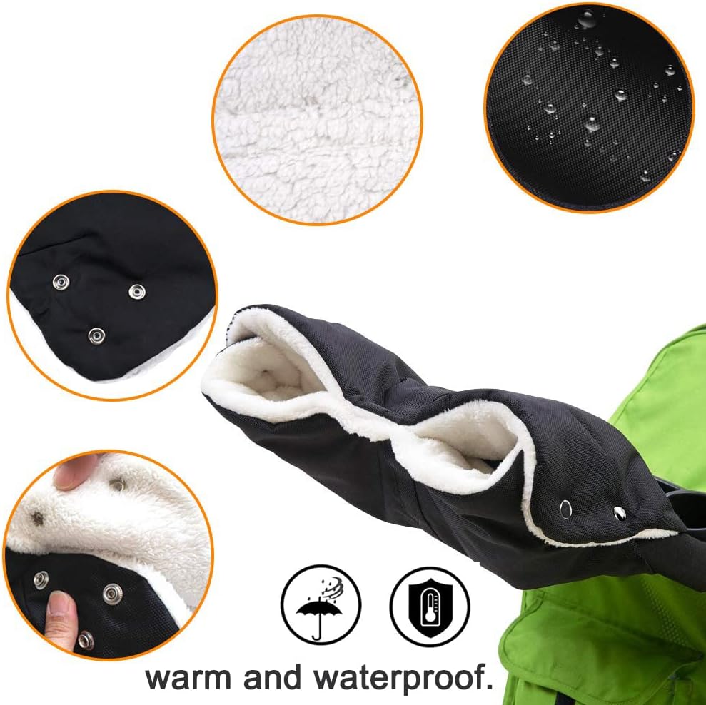 Stroller Fleece Hand Muff, DIAOPROTECT Pram Pushchair Gloves Hand Gloves Waterproof Windproof Breathable Anti-Freeze Extra Thick Warm Winter Baby Stroller Gloves (Black)