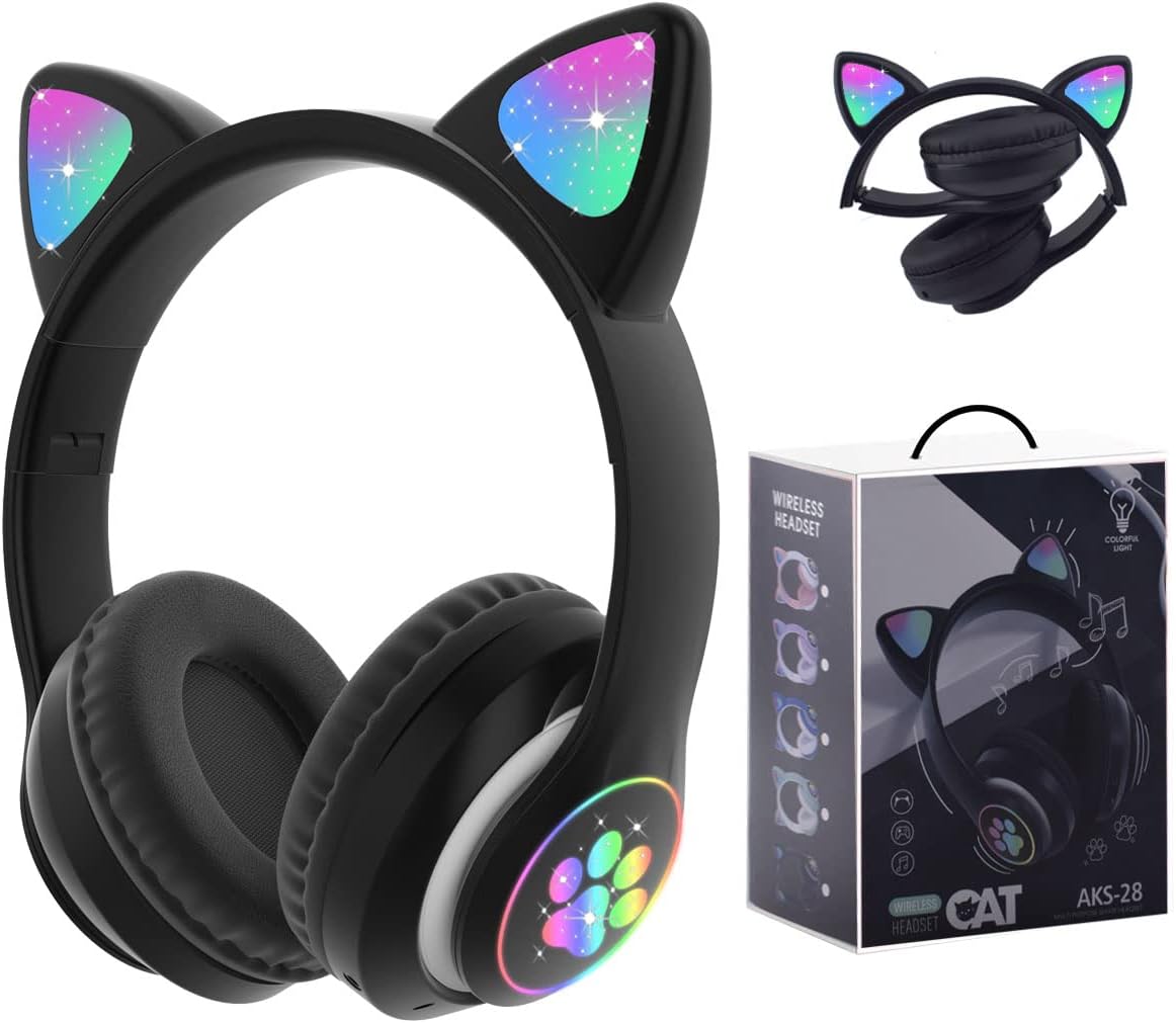 Megadream Wireless Headphones for Kids, Cat Ear Foldable Bluetooth Earphones Flashing LED Light Up Over Ear Headset with Microphone for iPhone/iPad/Tablet, for Girls Boys Gift Age 8+ (Black) (White Pink)