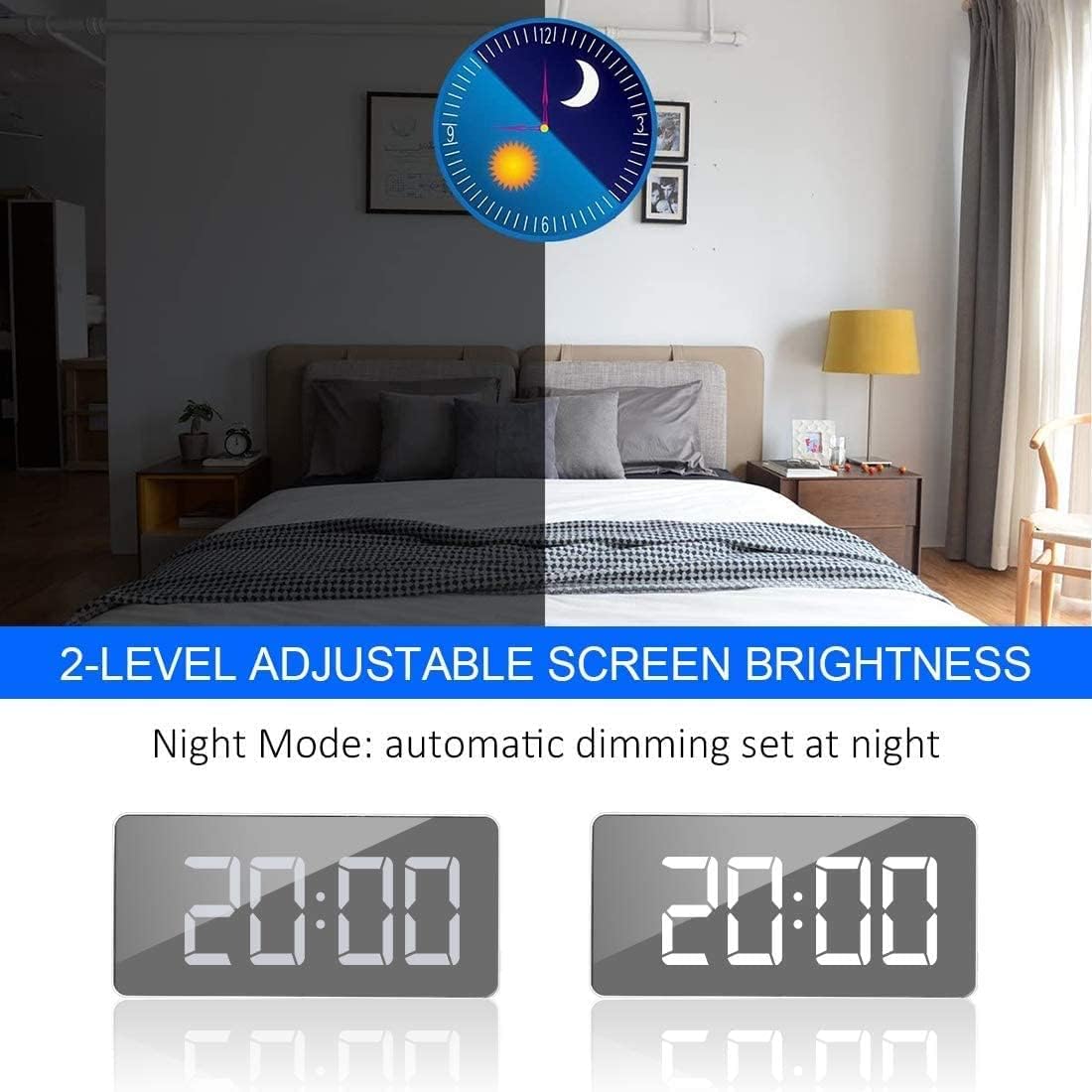 KENIY Creative Digital Mirror Alarm, LED Bedside Clock with Temperature, Snooze, Voice Control Makeup Mirror Adjustable Brightness LED Carousel Clock Dual Purpose USB Port Battery Powered Alarm Clock