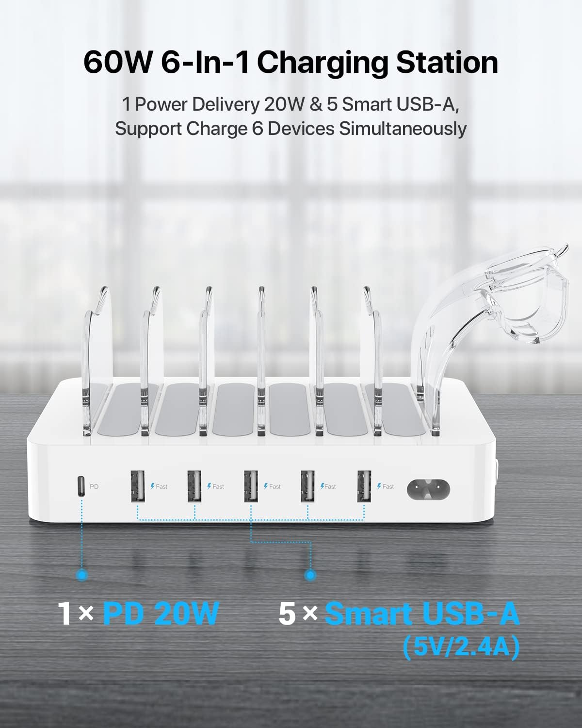 SooPii 60W 6-Port Charging Station for Multiple Devices, PD 20W USB C Fast Charging for iPhone 14/13/12,6 Short Cables Included, 2 in 1 Holder, for Phones, Tablets and Others