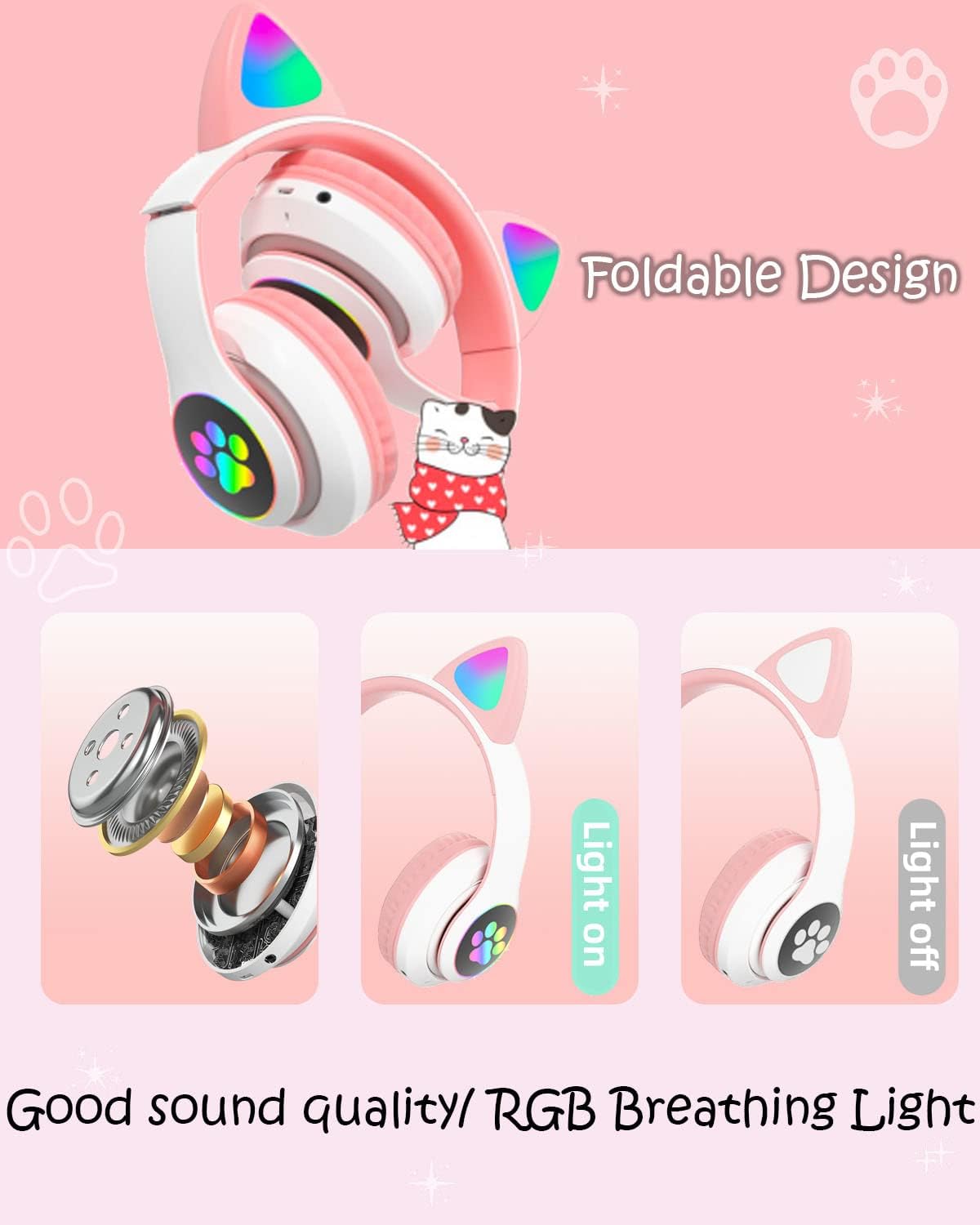 Megadream Wireless Headphones for Kids Cat Ear Foldable Bluetooth Earphones Flashing LED Light Up Over Ear Headset with Microphone for