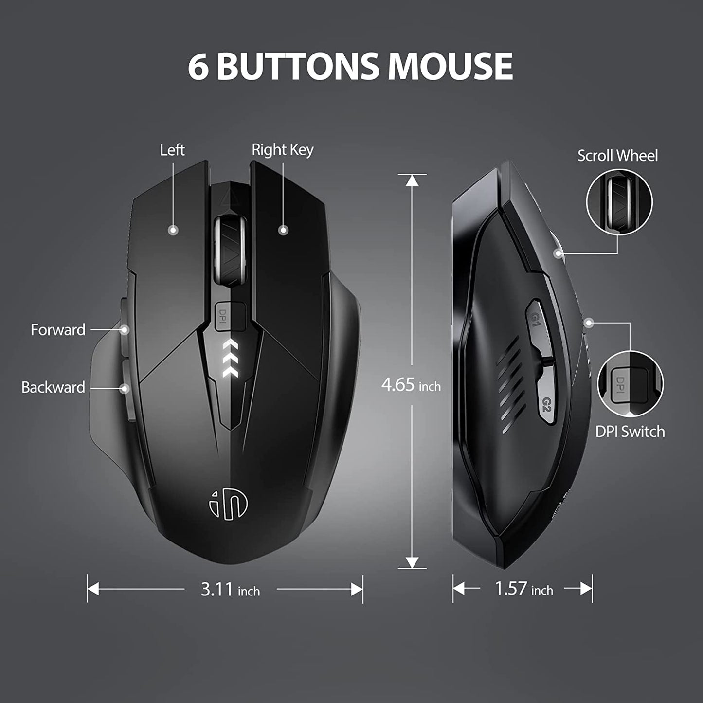 INPHIC Wireless Mouse Rechargeable, Ergonomic Silent Click USB 2.4G Cordless Mouse for Laptop PC Computer Tablets Windows Linux, 6 Buttons, 1600DPI 3 Adjustment Levels, Black