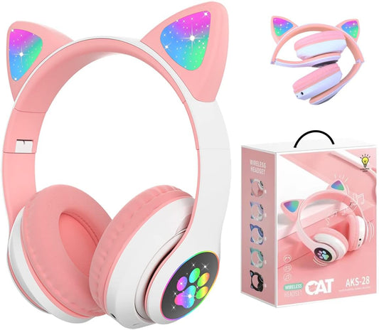 Megadream Wireless Headphones for Kids, Cat Ear Foldable Bluetooth Earphones Flashing LED Light Up Over Ear Headset with Microphone for iPhone/iPad/Tablet, for Girls Boys Gift Age 8+ (Black) (White Pink)