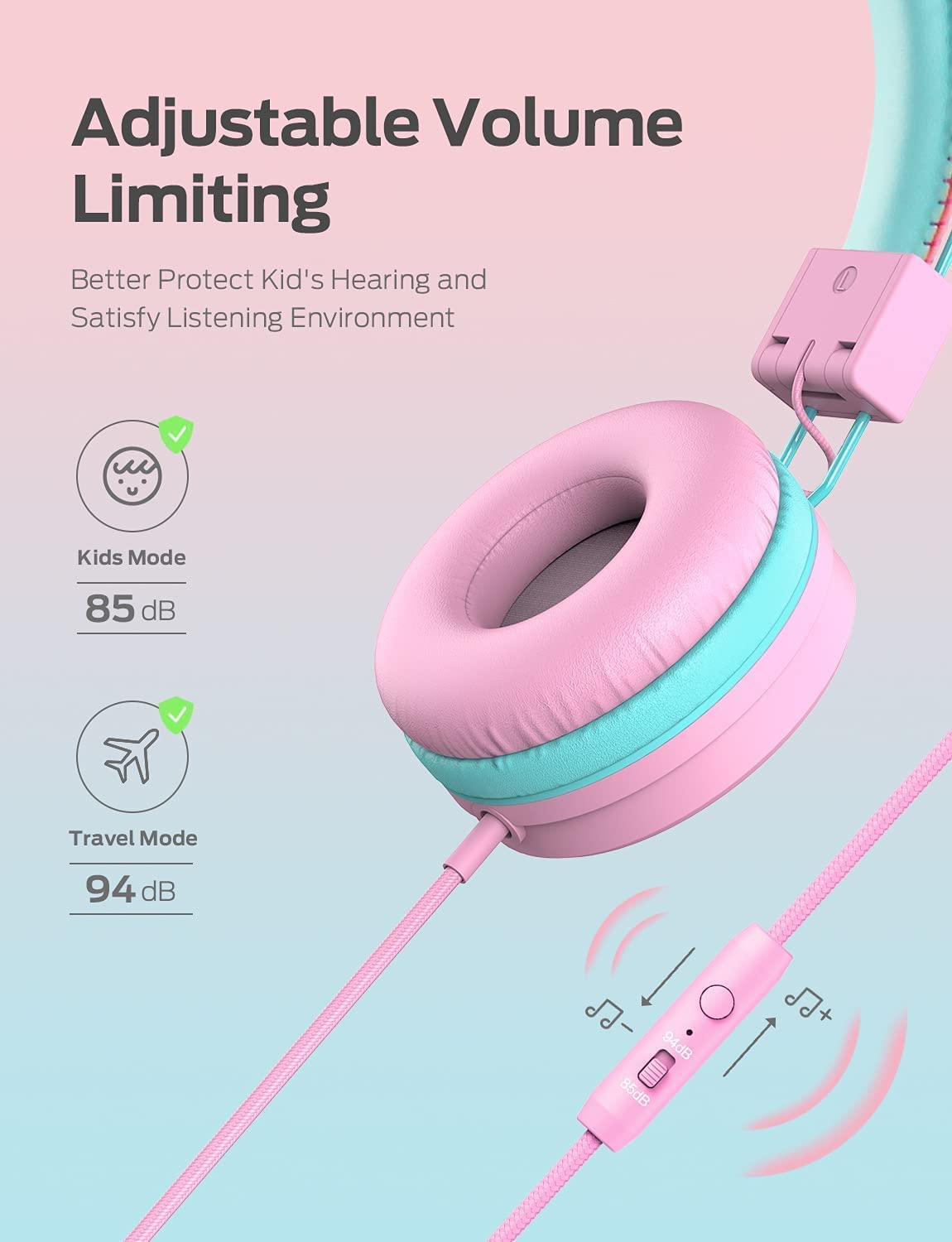 iclever Kids Headphones for Girls, Wired Headphones for Kids, Adjustable Headband, Foldable, 85/94dB Volume Control, Childrens Headphones on Ear for School/Travel HS14 Pink or Black