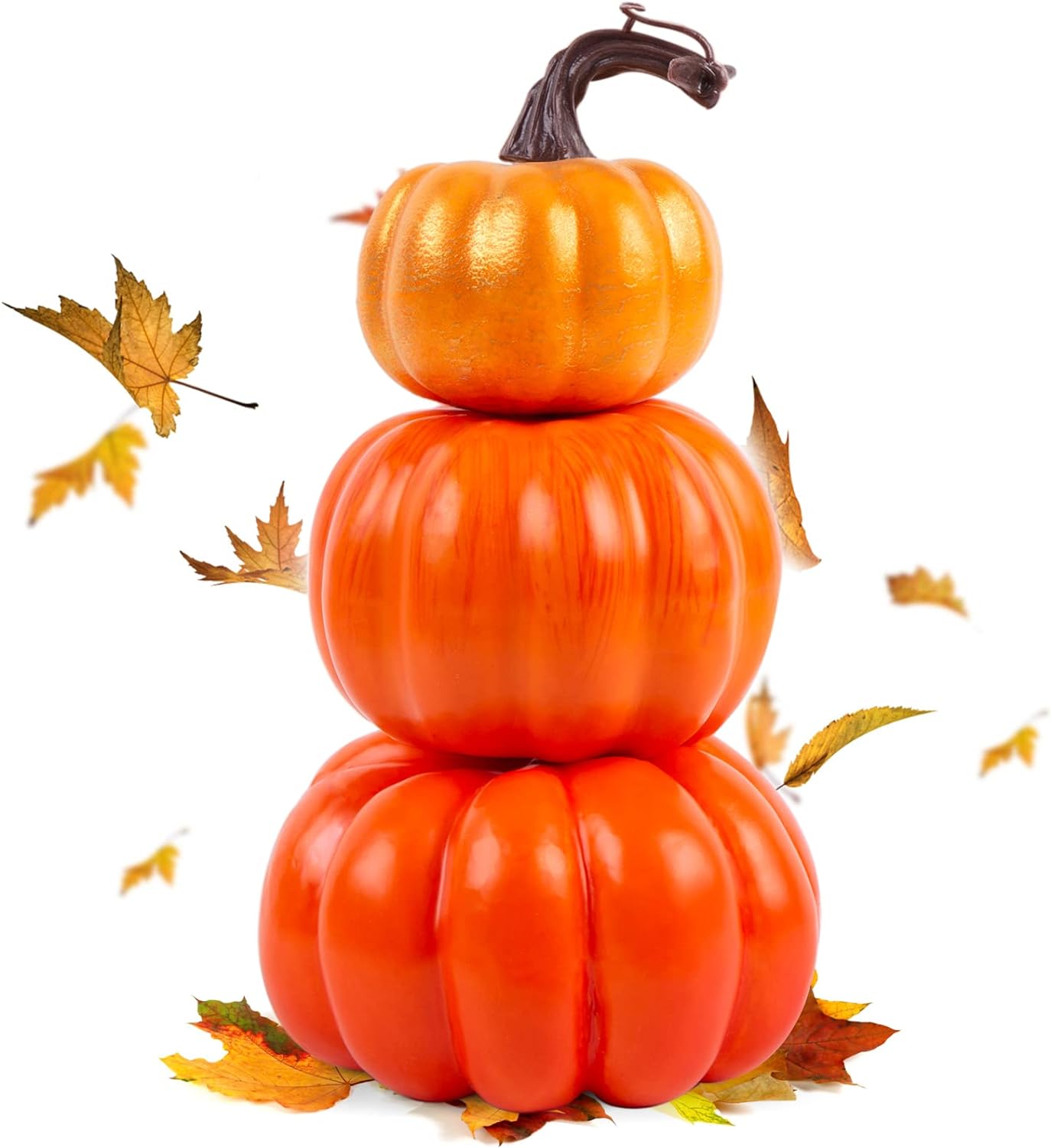 HAKACC Halloween 3 Layers Pumpkins, Stacked Artificial Pumpkin Tower Set for Home Thanksgiving Party Table Decoration Thanksgiving