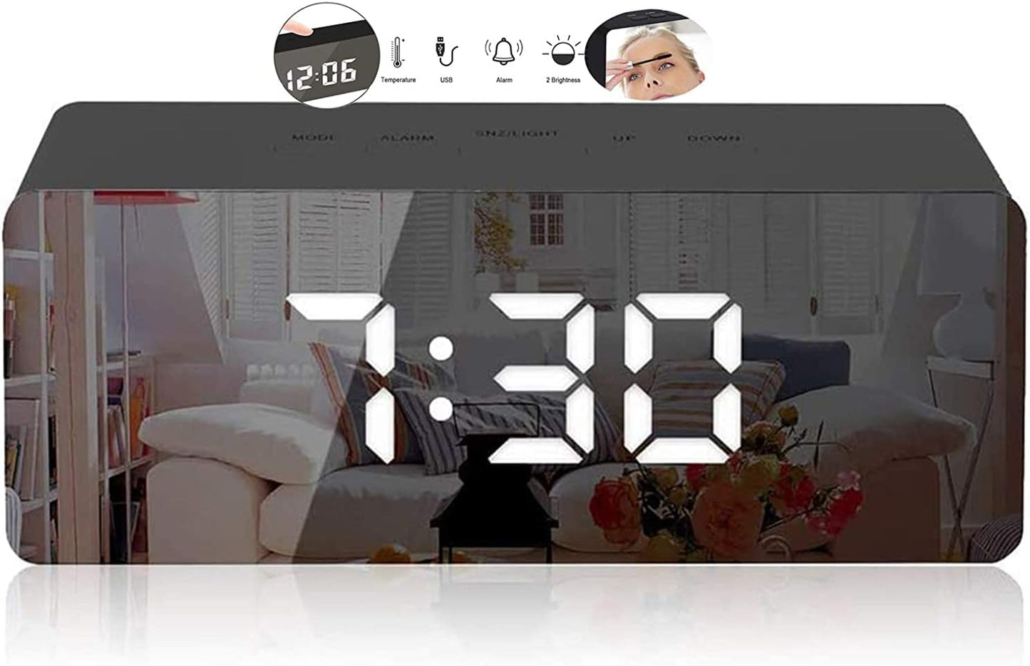 KENIY Creative Digital Mirror Alarm, LED Bedside Clock with Temperature, Snooze, Voice Control Makeup Mirror Adjustable Brightness LED Carousel Clock Dual Purpose USB Port Battery Powered Alarm Clock