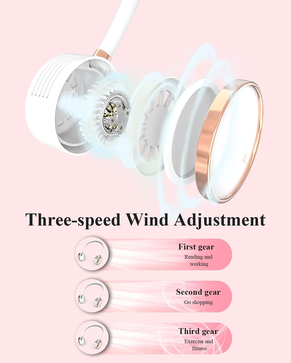 Neck Fan Portable, 3 Speeds Wearable Personal Fan Hands Free Bladeless Fan, 2000mAh Rechargeable Battery Operated USB Fan 360° Cooling Fan Around Neck