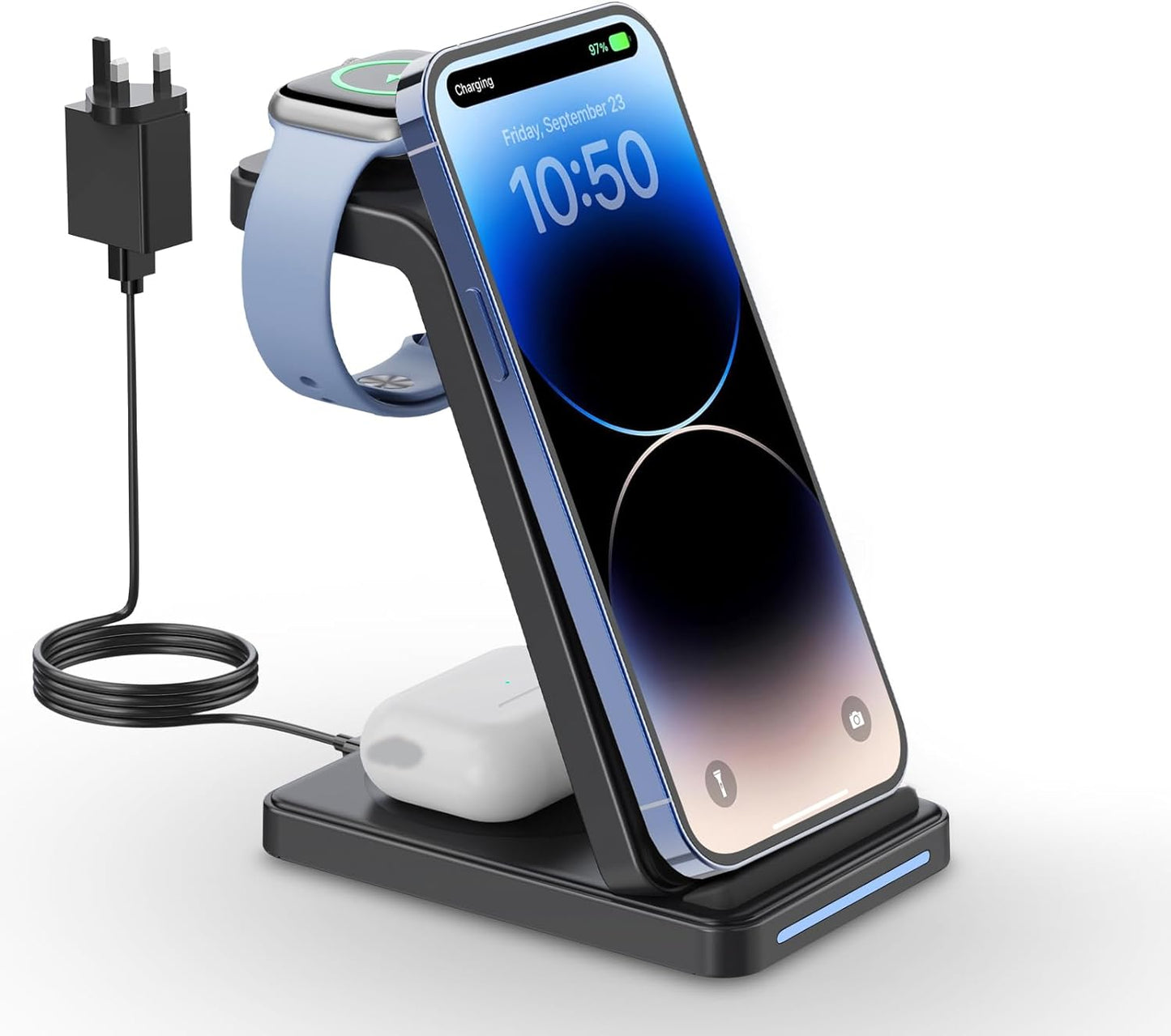 GEEKERA Wireless Charger Stand, 3 in 1 Wireless Charging Station for iPhone 15/14/13/12/11/Pro/Pro Max/XS/XR/X/8, Fast Charging Stand for Apple Watch 2-Ultra, Docking Station for AirPod Pro/3/2 White &amp; Black