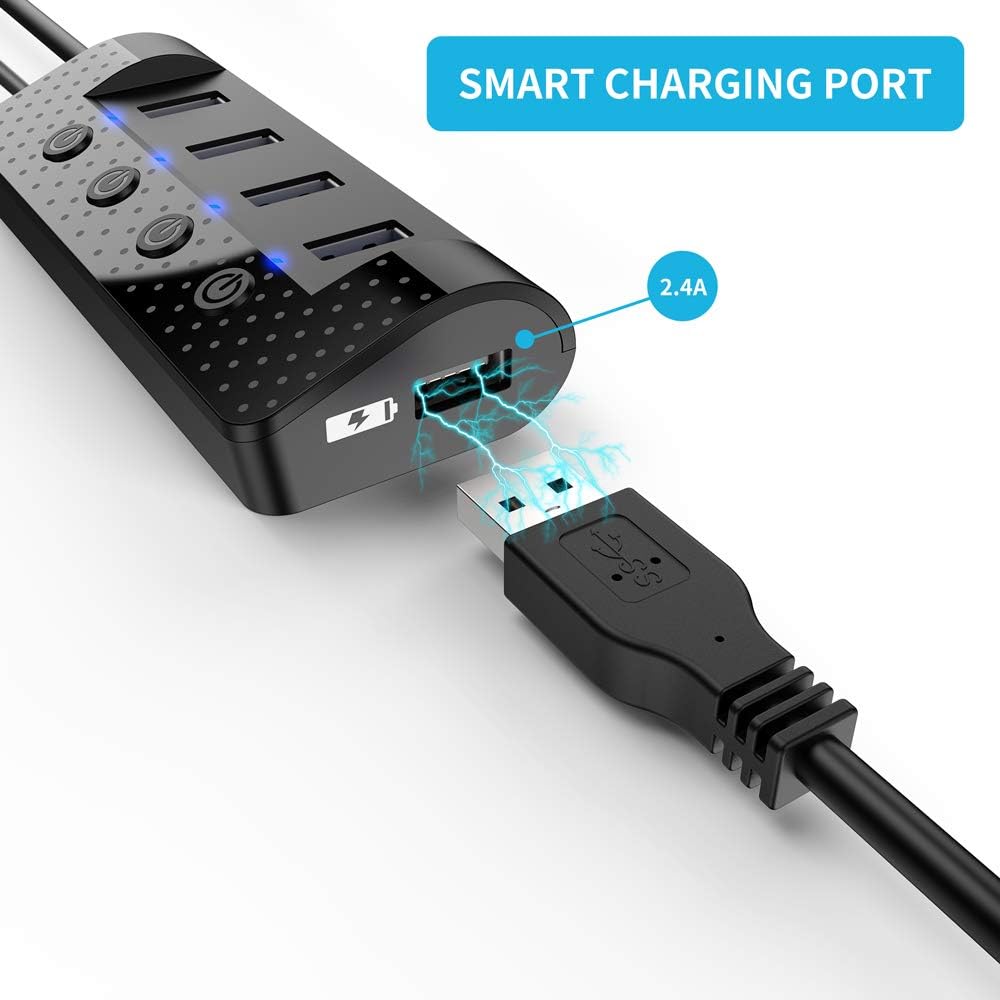 Atolla Powered USB Hub 3.0, USB Hub with 4 USB 3.0 Data Ports and 1 USB Smart Charging Port, USB Splitter with Individual Power Switches and 5V/3A Power Adapter