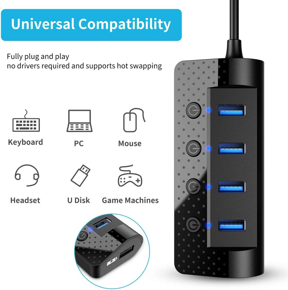 Atolla Powered USB Hub 3.0, USB Hub with 4 USB 3.0 Data Ports and 1 USB Smart Charging Port, USB Splitter with Individual Power Switches and 5V/3A Power Adapter