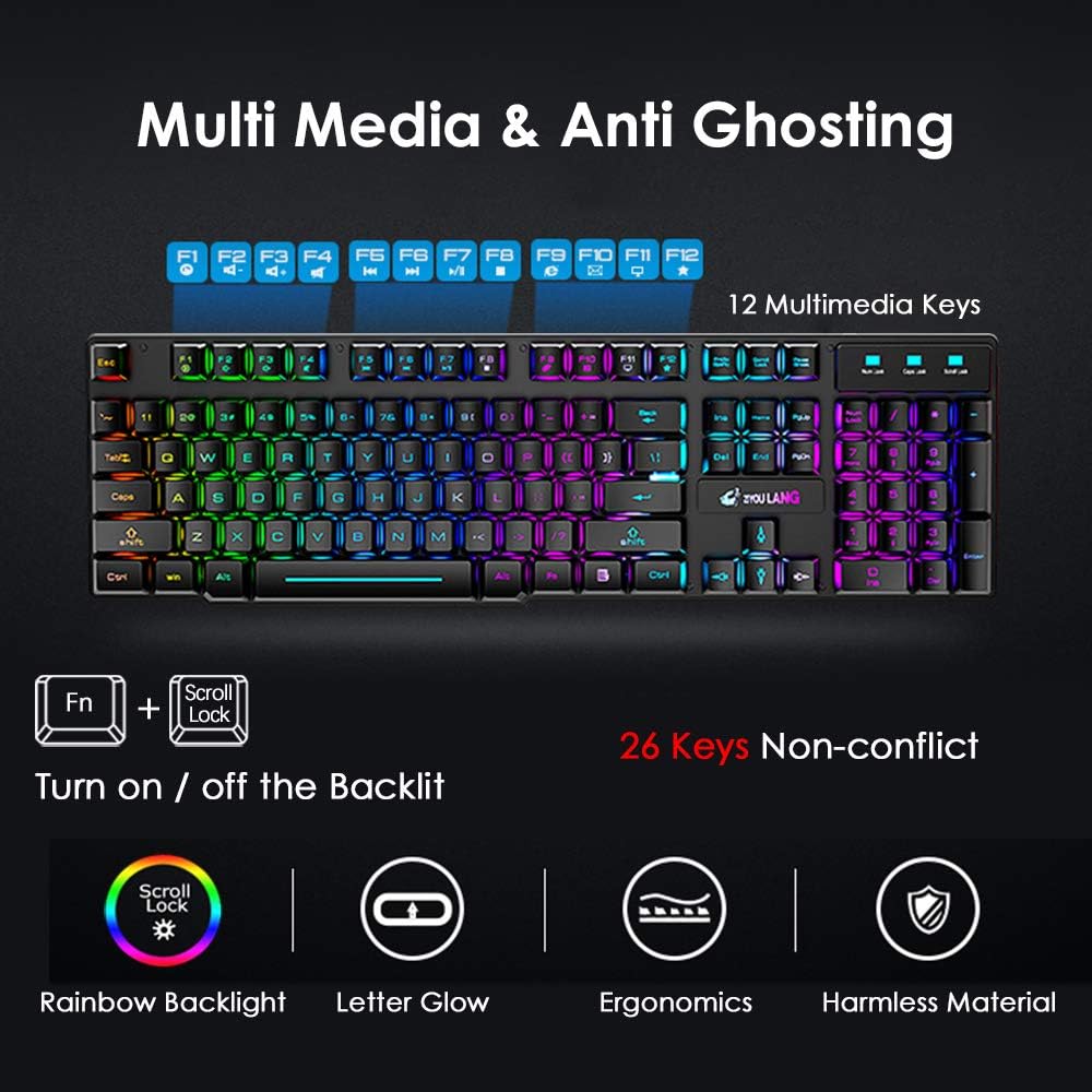 Wireless Keyboard Mouse Combo Rainbow Backlit 2.4G Rechargeable 3000mAh Battery 104 Keys Gaming Keyboard + 2400DPI 6 Buttons Optical Rainbow LED Gaming Wireless Mouse + Mouse Pads for PC Laptop