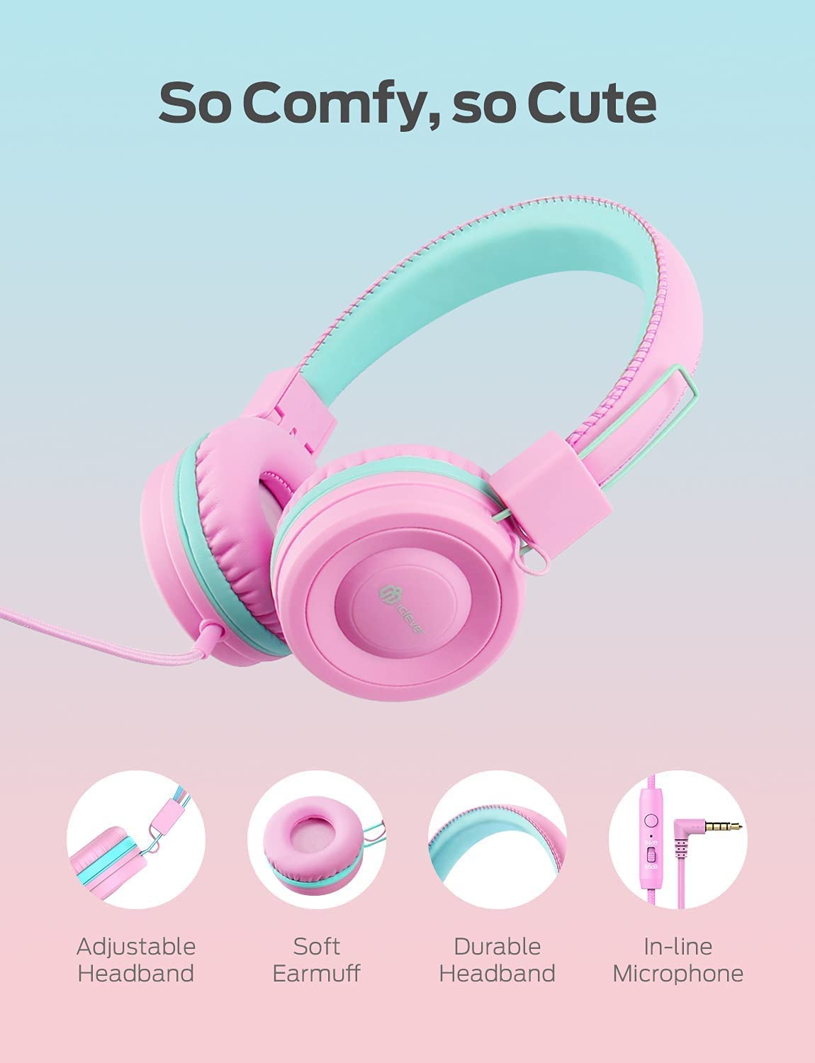 iclever Kids Headphones for Girls, Wired Headphones for Kids, Adjustable Headband, Foldable, 85/94dB Volume Control, Childrens Headphones on Ear for School/Travel HS14 Pink or Black