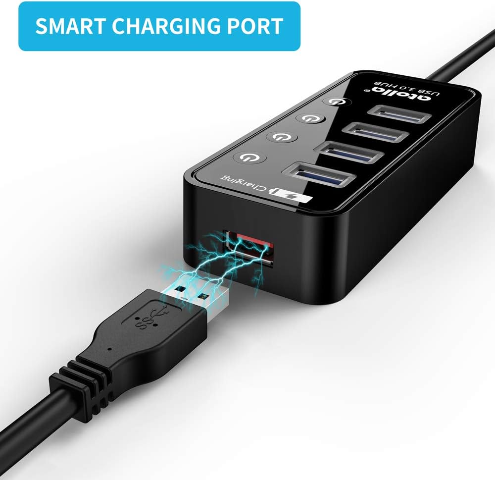 Atolla 4 ports USB 3.0 Hub SuperSpeed Data Transmission with On Off Switch + 1 Charging Port with 15W(5V/3A) Powered Supply Adapter and 1M USB 3 Extension Cable