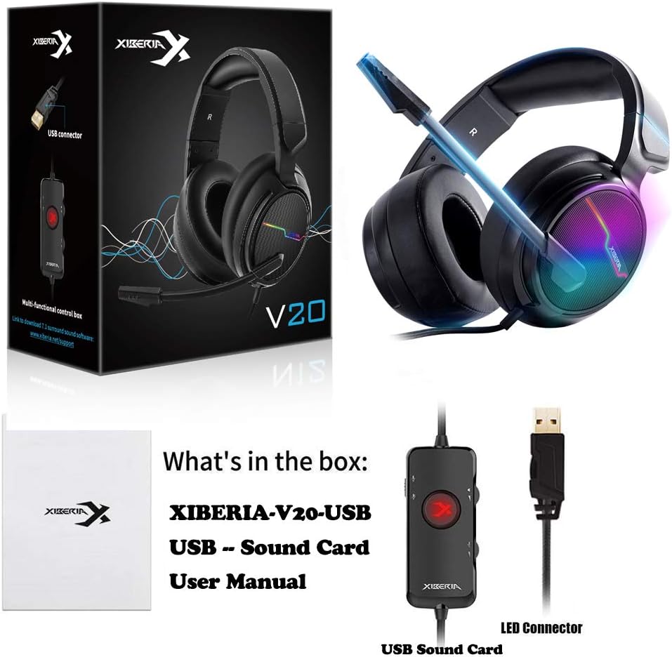 XIBERIA-V20 USB PS4 Headset for Host Connection, 7.1 Surround Sound PC Gaming Headset with 1.95 Meter Cable and Noise Cancelling Mic Headphones for Laptops, Computer, Mac and MacBook with RGB Light