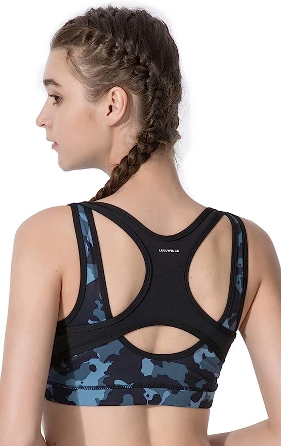 LULUWINGX Women High Impact Front Zip Sports Bra Supportive Wireless Padded Post Surgery Nursing Bra for Yoga Running Training Fitness Everyday Use Blue Grey Camouflage