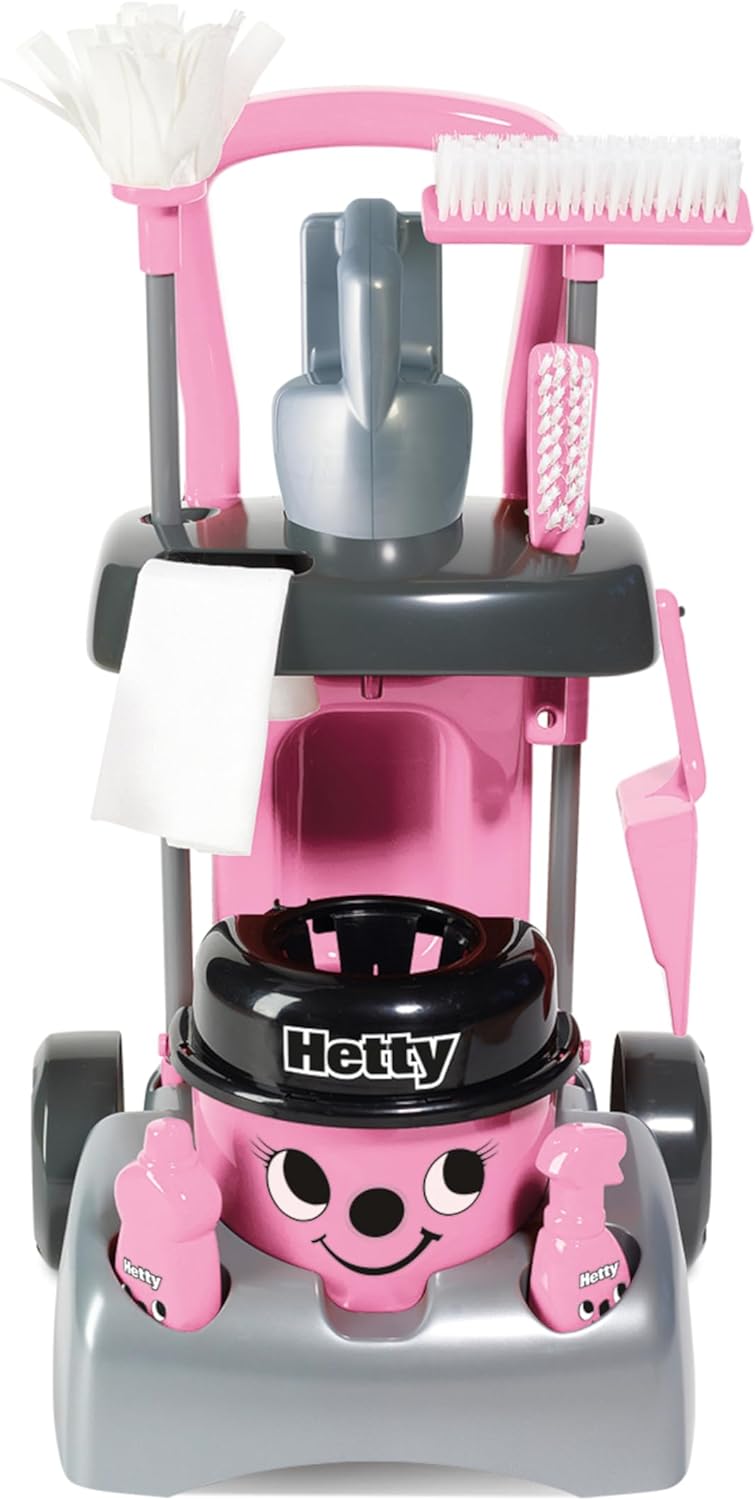 Casdon Henry & Hetty Toys - Hetty Deluxe Cleaning Trolley - Pink Hetty-Inspired Toy Playset with Working Hand Vacuum - Kids Cleaning Trolley Set with Accessories - For Children Aged 3+