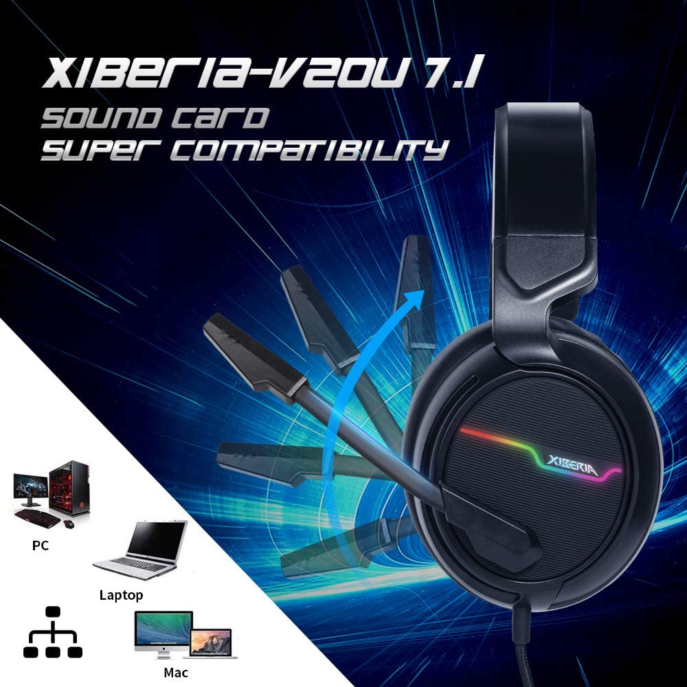 XIBERIA-V20 USB PS4 Headset for Host Connection, 7.1 Surround Sound PC Gaming Headset with 1.95 Meter Cable and Noise Cancelling Mic Headphones for Laptops, Computer, Mac and MacBook with RGB Light