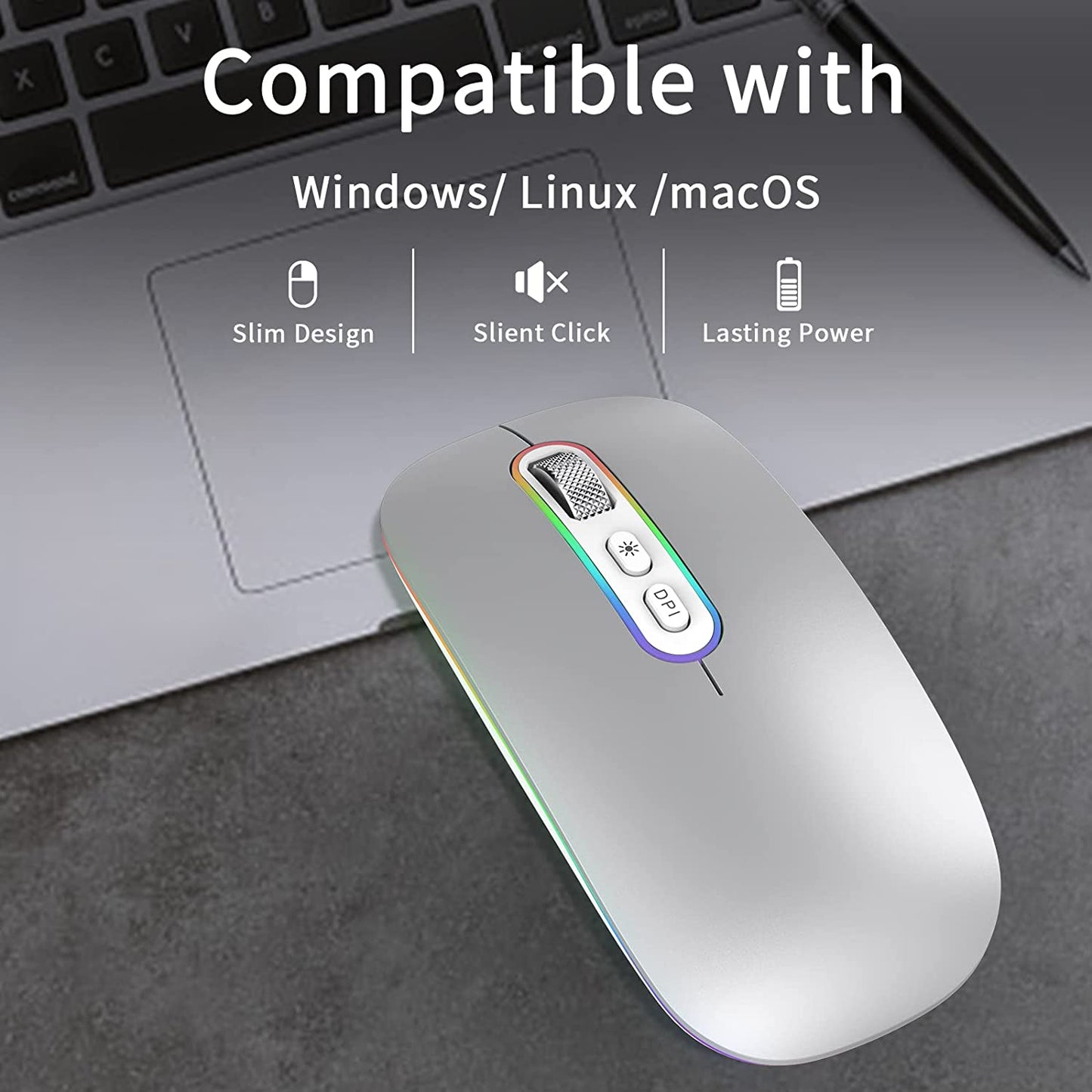 Rechargeable Wireless Mouse, 2.4G & Bluetooth Mouse for Laptop Slim Silent Mouse Ergonomic Cordless Design with USB Nano Receiver & 1600 DPI