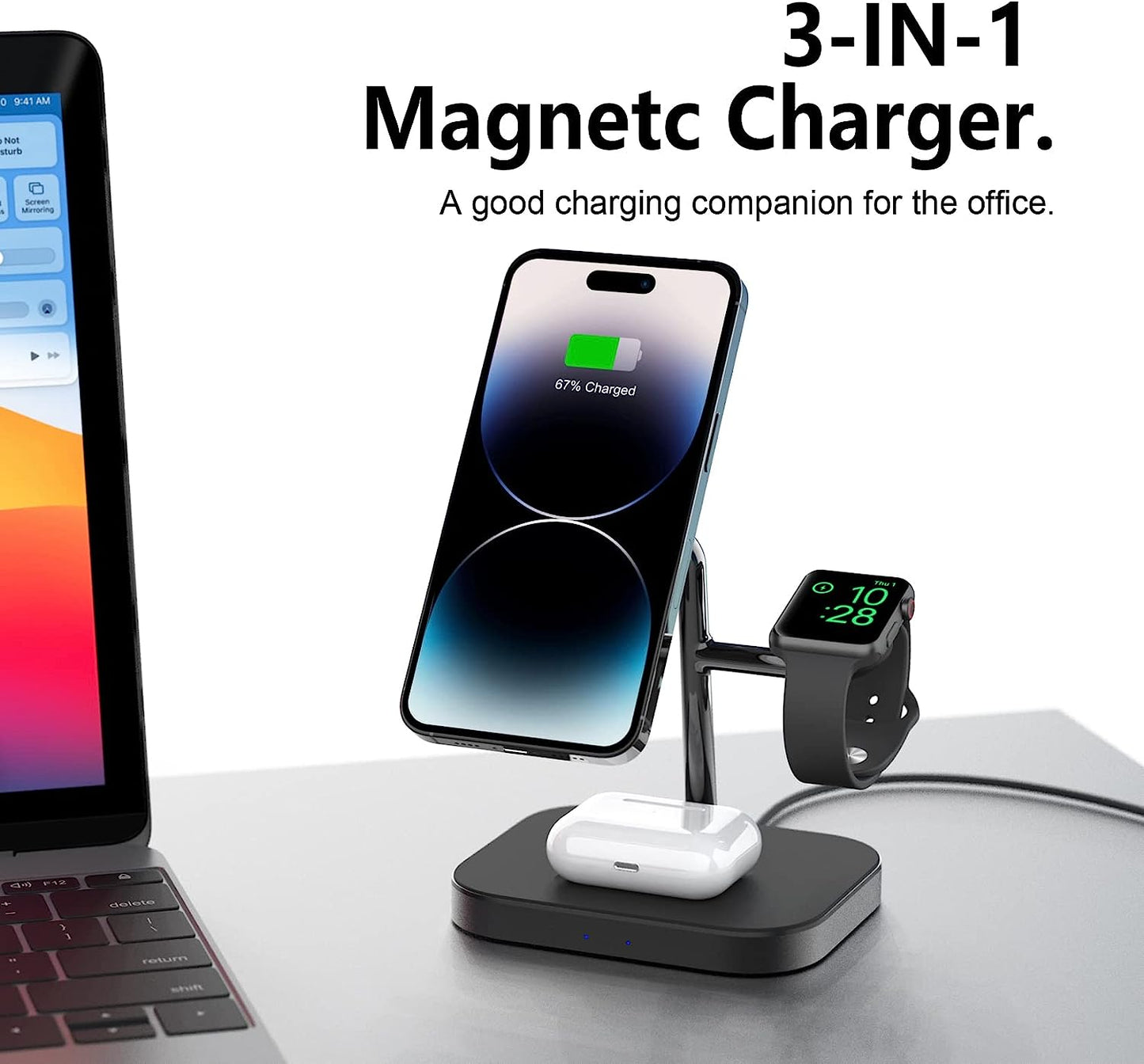 Magnetic Wireless Charger, Boaraino 3 in 1 Wireless Charging Station Compatible with iPhone 14/14 Plus/14 Pro/13/12/11, Apple Watch 7/6/SE/5/4/3, AirPods 2/Pro (18W Adapter Included)