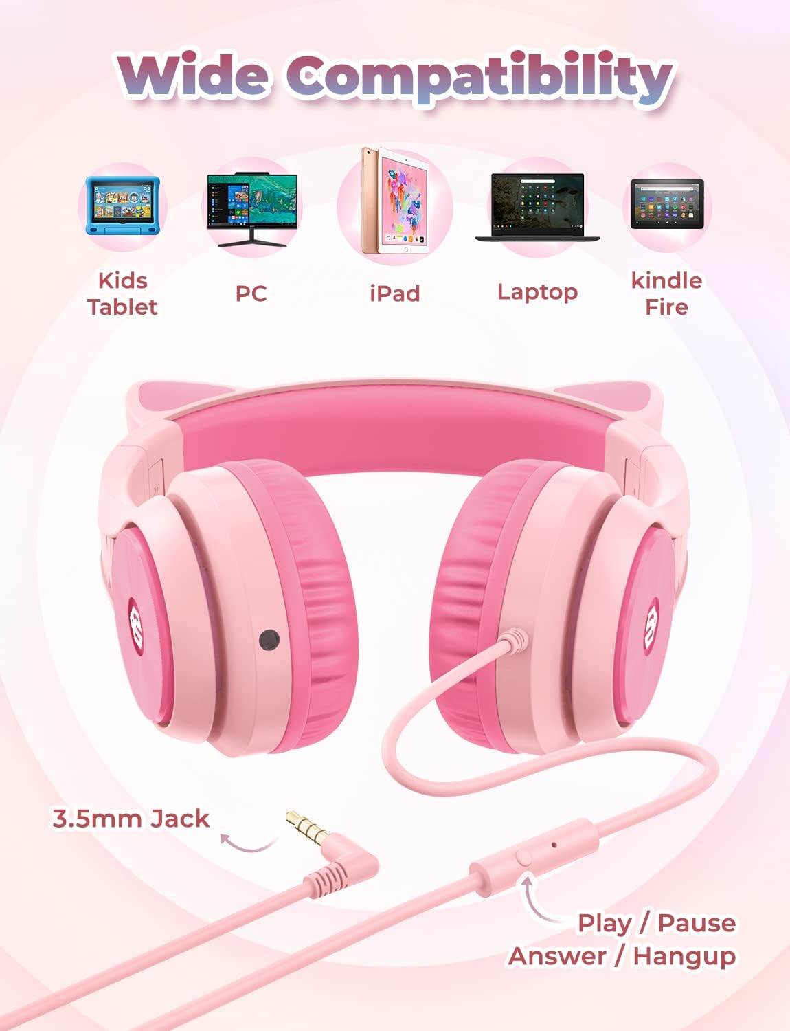 iClever Kids Headphones with Microphone, Cat Ear Led Light Up, HS20 Wired Headphones Share port 94dB Volume Limited, Foldable