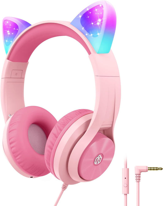 iClever Kids Headphones with Microphone, Cat Ear Led Light Up, HS20 Wired Headphones Share port 94dB Volume Limited, Foldable