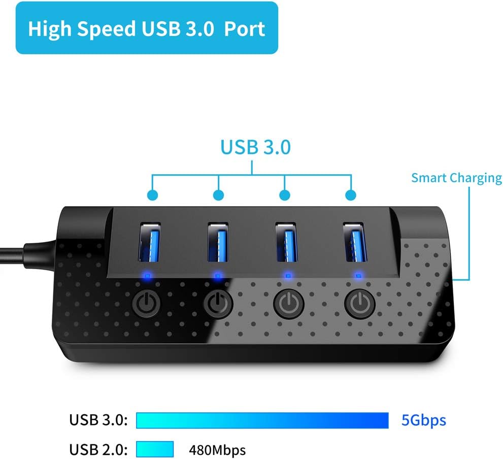 Atolla Powered USB Hub 3.0, USB Hub with 4 USB 3.0 Data Ports and 1 USB Smart Charging Port, USB Splitter with Individual Power Switches and 5V/3A Power Adapter