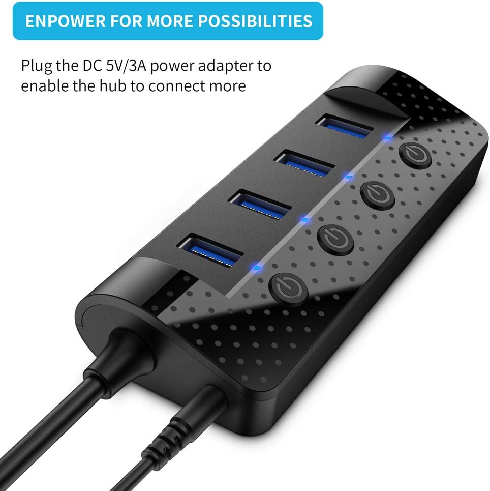 Atolla Powered USB Hub 3.0, USB Hub with 4 USB 3.0 Data Ports and 1 USB Smart Charging Port, USB Splitter with Individual Power Switches and 5V/3A Power Adapter