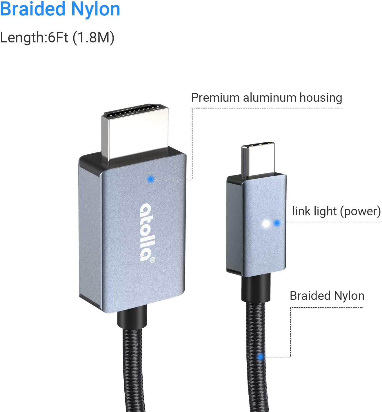 Atolla USB C to HDMI Cable, USB Type C(Thunderbolt 3) to HDMI 4K UHD Cable Compatible with MacBook Pro, MacBook Air, iPad Pro, Surface Pro 7, Samsung S20/S20 Pro, DELL XPS and More - 6ft/1.8m