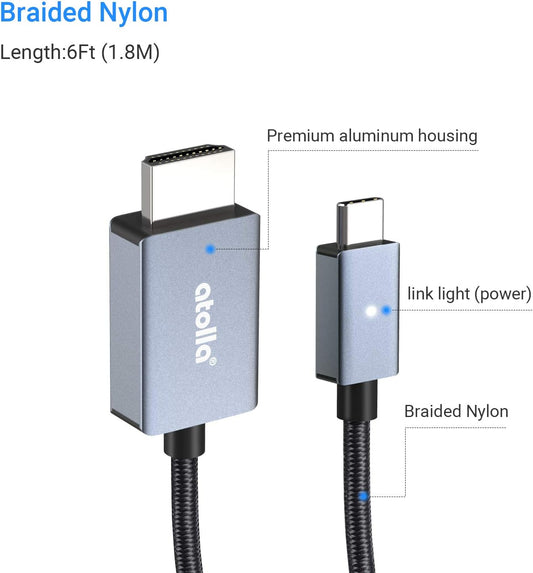 Atolla USB C to HDMI Cable, USB Type C(Thunderbolt 3) to HDMI 4K UHD Cable Compatible with MacBook Pro, MacBook Air, iPad Pro, Surface Pro 7, Samsung S20/S20 Pro, DELL XPS and More - 6ft/1.8m