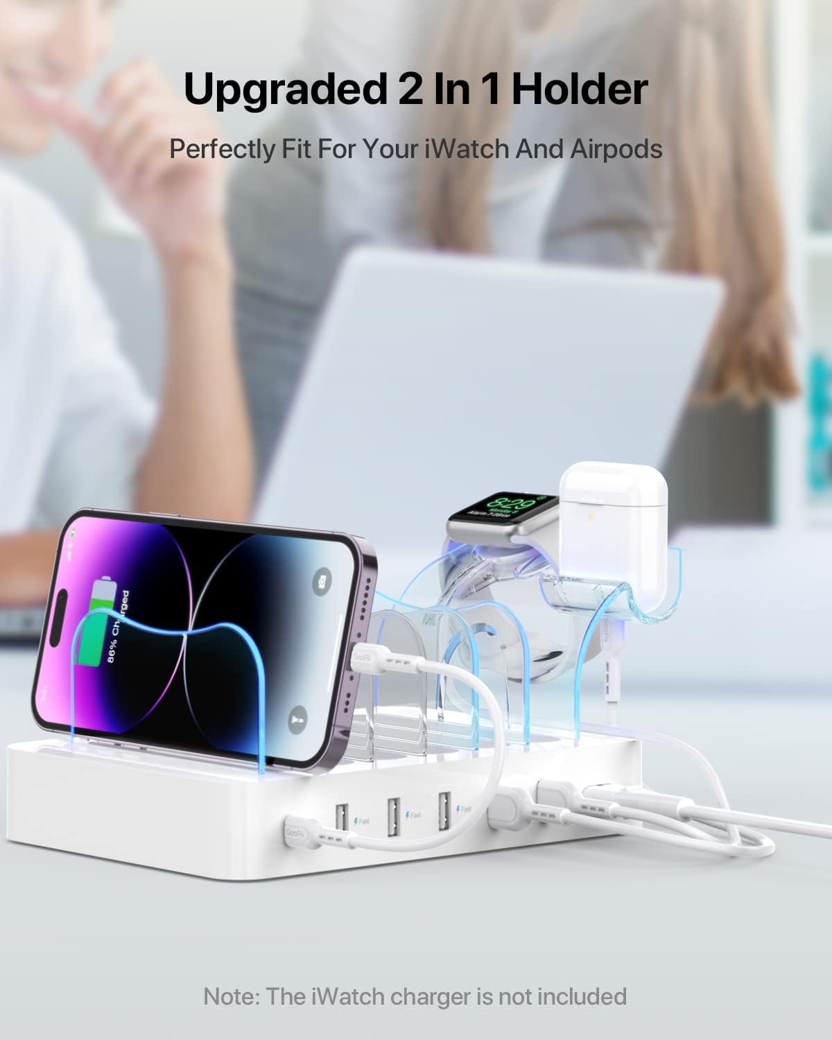 SooPii 60W 6-Port Charging Station for Multiple Devices, PD 20W USB C Fast Charging for iPhone 14/13/12,6 Short Cables Included, 2 in 1 Holder, for Phones, Tablets and Others