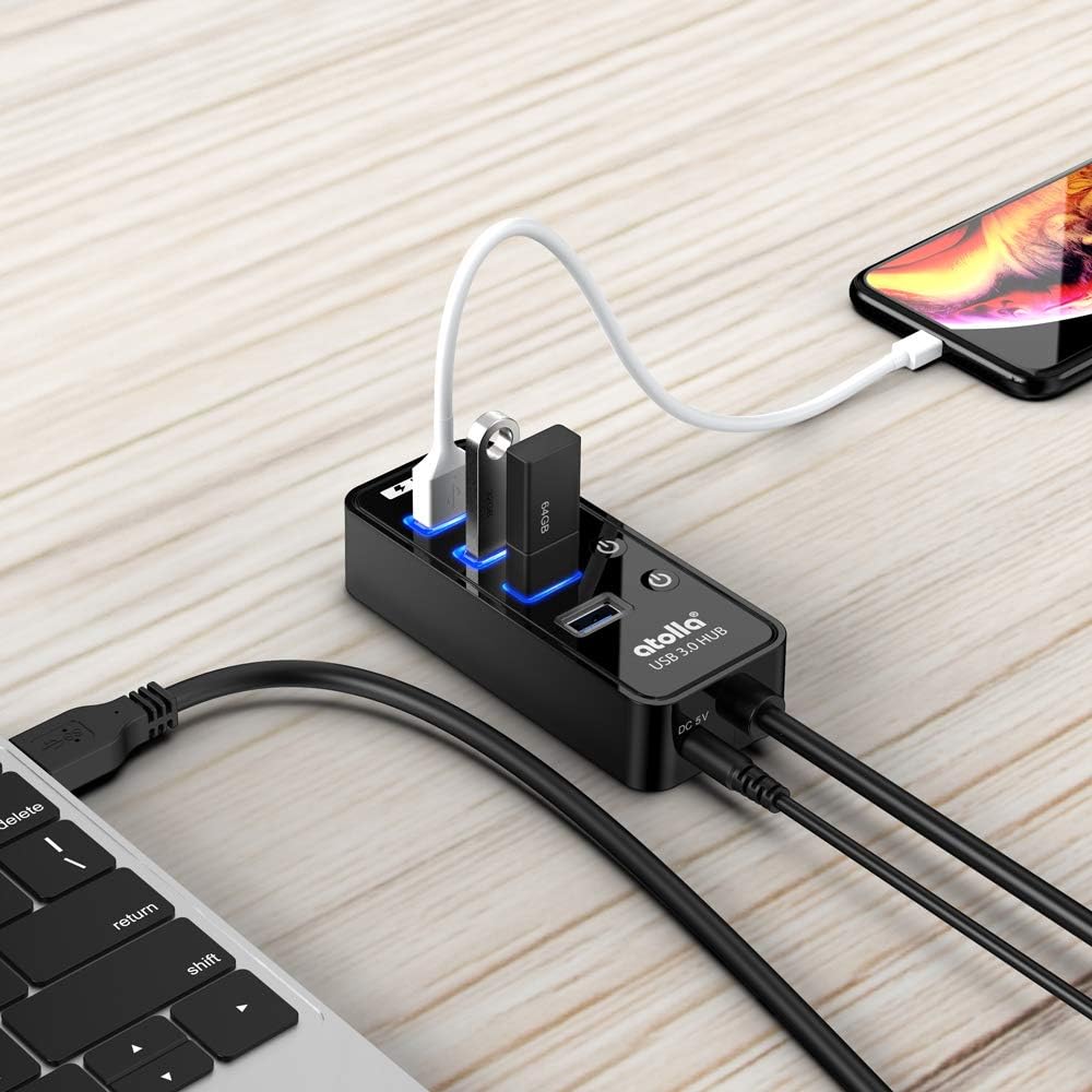 Atolla 4 ports USB 3.0 Hub SuperSpeed Data Transmission with On Off Switch + 1 Charging Port with 15W(5V/3A) Powered Supply Adapter and 1M USB 3 Extension Cable