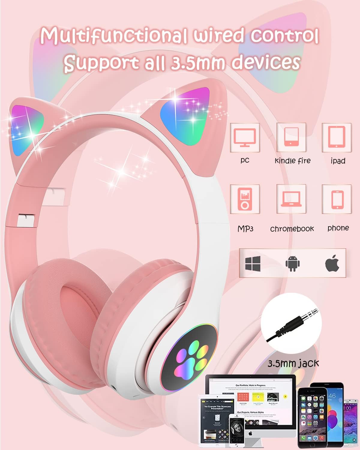 Megadream Wireless Headphones for Kids, Cat Ear Foldable Bluetooth Earphones Flashing LED Light Up Over Ear Headset with Microphone for iPhone/iPad/Tablet, for Girls Boys Gift Age 8+ (Black) (White Pink)