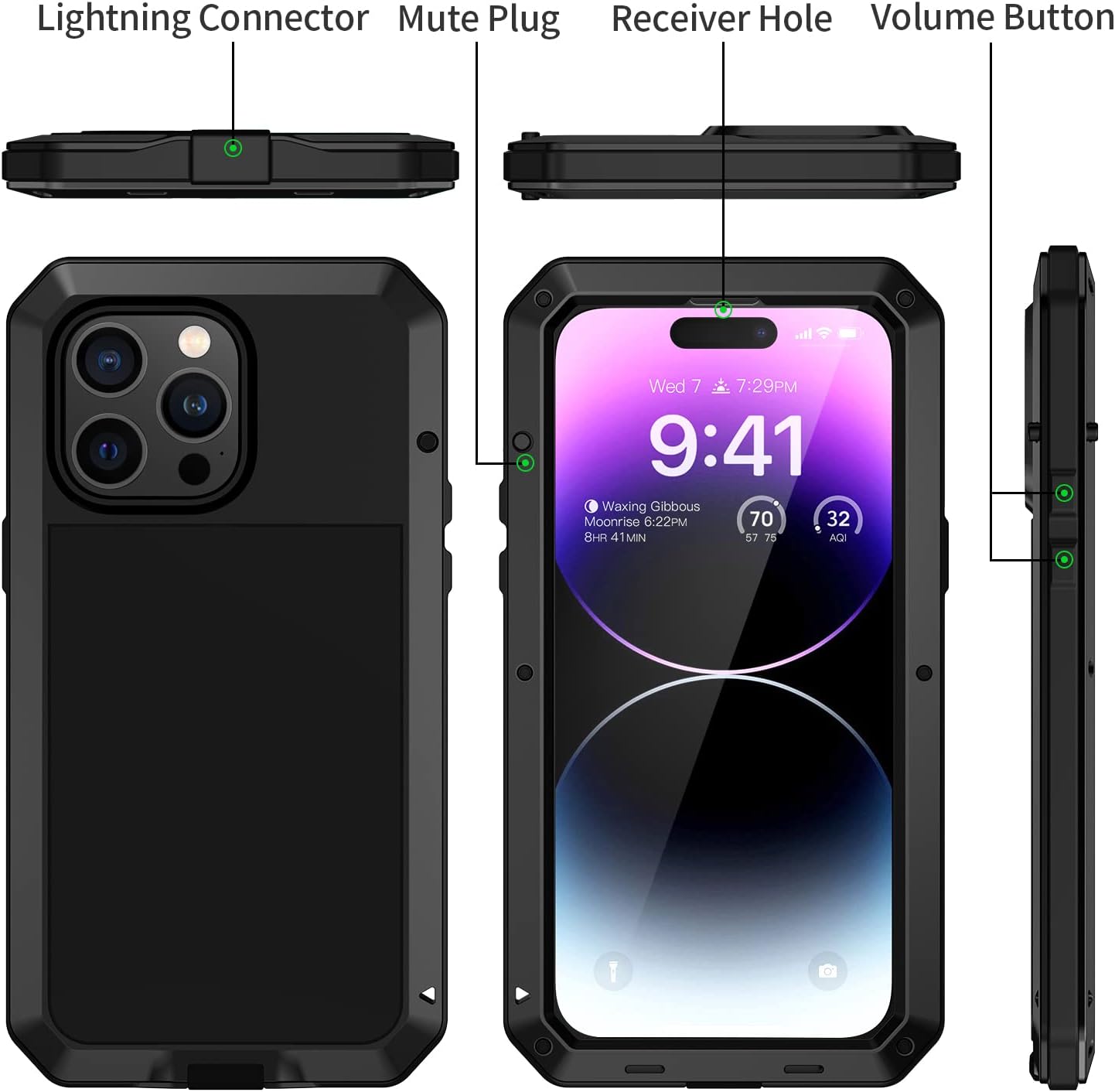 Lanhiem for iPhone 14 &amp; 14 Pro Case Heavy Duty Shockproof Cover Tough Armour Metal Case with [Tempered Glass Screen Film], 360 Full Body Protective Case Cover for iPhone 14 &amp; 14 Pro Case - Black