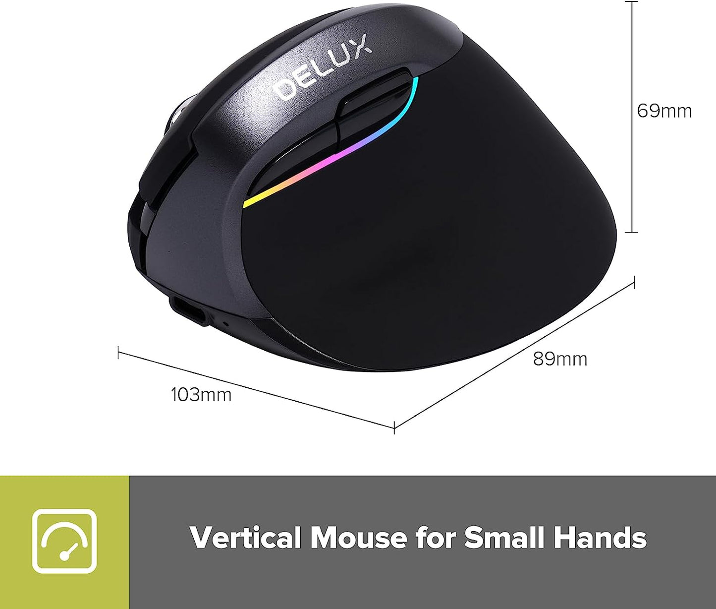 DeLUX Ergonomic Wireless Mouse, Mini Vertical Bluetooth Mouse, Silent Click, 6 Buttons, 4000 DPI, RGB Light, Rechargeable Black or White M618 Mini