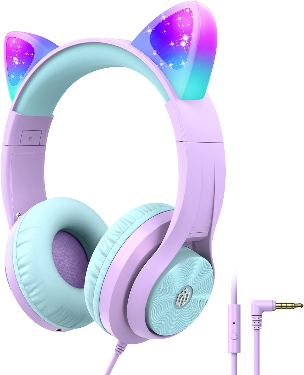 iClever Kids Headphones with Microphone, Cat Ear Led Light Up, HS20 Wired Headphones Share port 94dB Volume Limited, Foldable