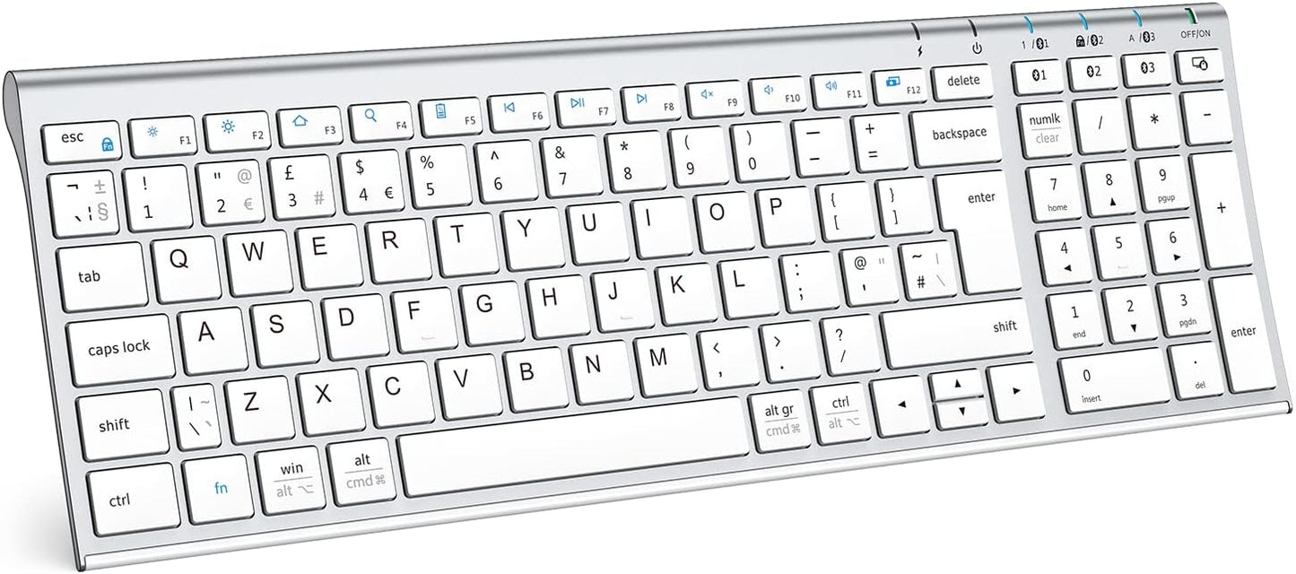 iClever BK10 Bluetooth Keyboard for Mac, 3 Multi-Device Bluetooth 5.1 Keyboard Full Size Stable Connection Keyboard for iPad, iPhone, Mac, iOS, Android, Windows, QWERTY UK Layout - Black Grey