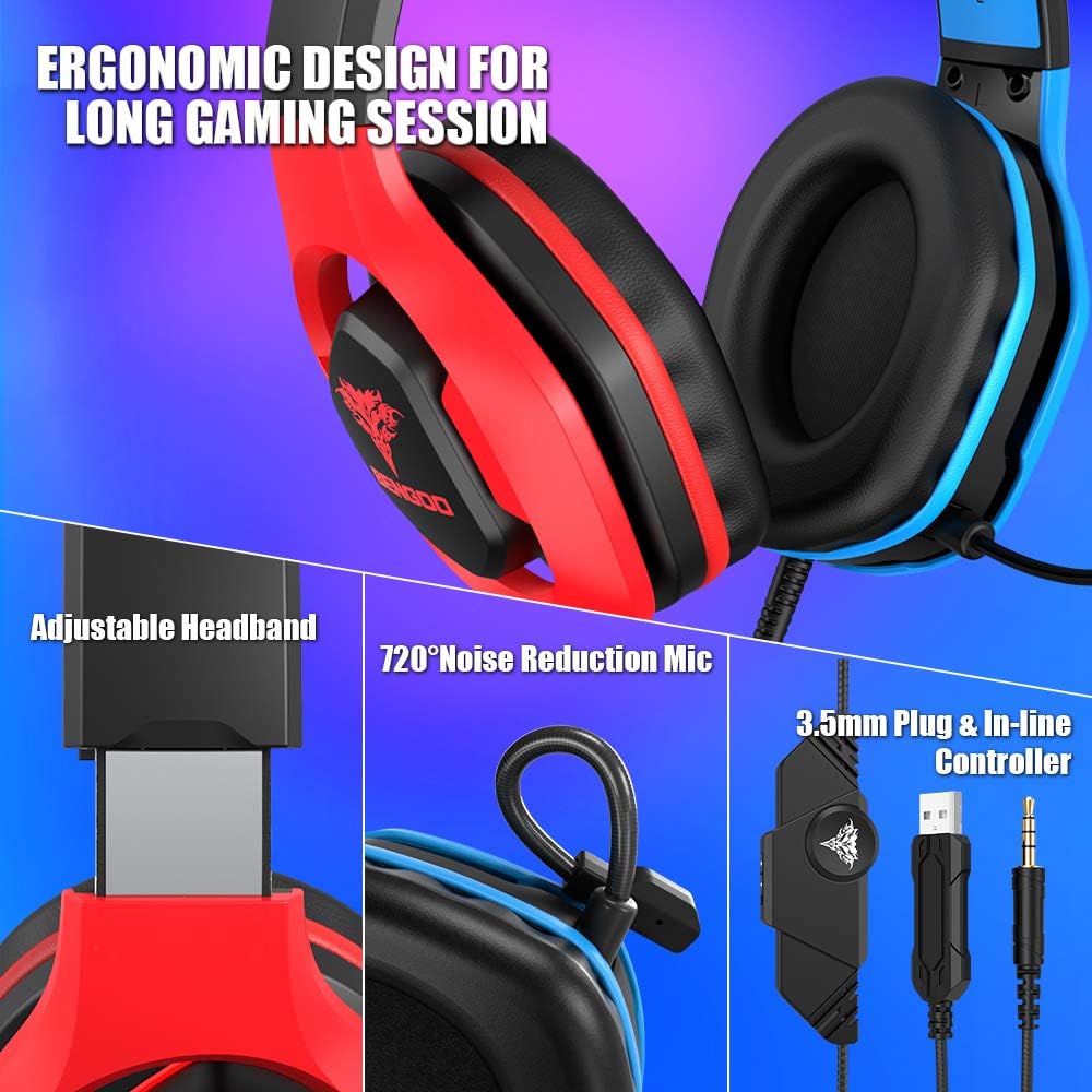 Gaming Headset-3D Surround Sound Headphones, Adjustable Noise Cancelling  Mic, LED Light, Xbox One Headset with Aluminum Frame for Nintendo Switch,  PC