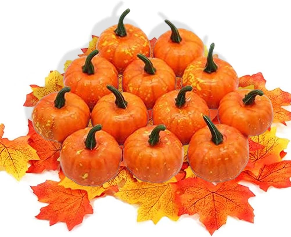 VGOODALL Halloween Pumpkins 32PCS Artificial Pumpkins Sets, 12PCS Mini Fake Pumpkins with 10PCS Lifelike Maple Leaves 10PCS LED Artificial Lights Garland Battery Operated Decoration Fairy Lights Faux Pumpkins for Decorating Fall Harvest Garland Halloween