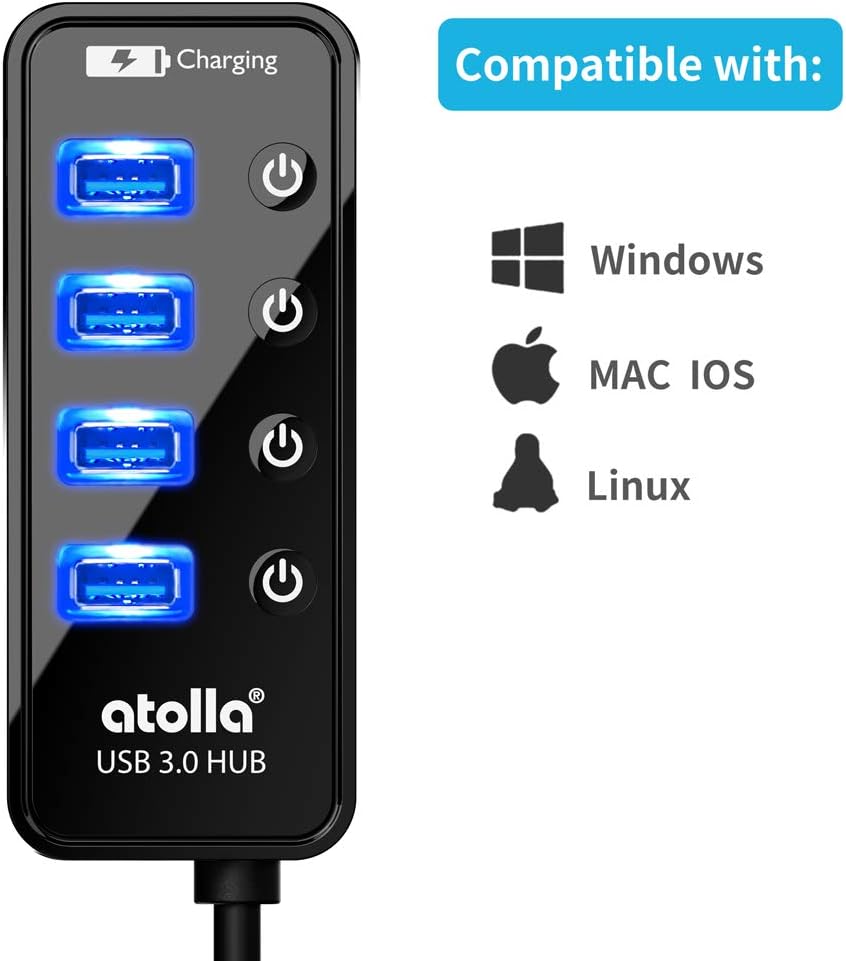 Atolla 4 ports USB 3.0 Hub SuperSpeed Data Transmission with On Off Switch + 1 Charging Port with 15W(5V/3A) Powered Supply Adapter and 1M USB 3 Extension Cable