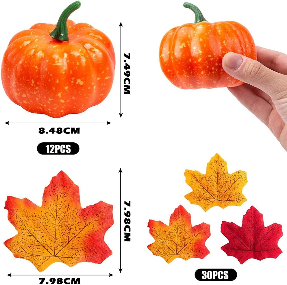 VGOODALL Halloween Pumpkins 32PCS Artificial Pumpkins Sets, 12PCS Mini Fake Pumpkins with 10PCS Lifelike Maple Leaves 10PCS LED Artificial Lights Garland Battery Operated Decoration Fairy Lights Faux Pumpkins for Decorating Fall Harvest Garland Halloween